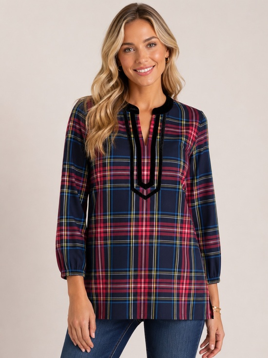 Talbots Tops - Talbots Cabin Plaid Split Neck Tunic Velvet Trim Cotton Top Small